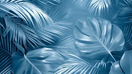 A vibrant blue tropical wallpaper featuring lush palm leaves, creating a lively and tropical atmosphere