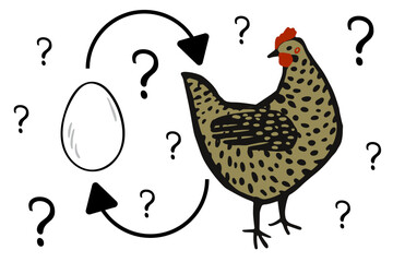 chicken-and-egg metaphoric adjective. Philosophy, Causality dilemma. Which came first: the chicken or the egg? Vector illustration isolated on white for poster, card, t-shirt design