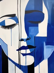 Portrait of a Womans Face in Blue and White