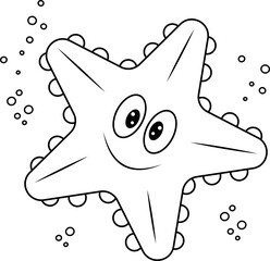 Vector illustration of a starfish. A simple outline of a starfish with cute emotions, hand-drawn, isolated on a white background. The graphic element of the black sea beach.