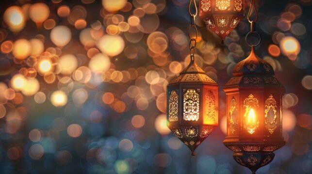 Beautiful ramadan lantern lamp background concept with empty space AI generated image