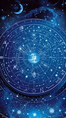 Obraz premium A zodiac circle is depicted with stars and planets surrounding it, creating a celestial and cosmic scene