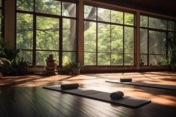Tranquil yoga studio with garden view and sunset lighting - obrazy, fototapety, plakaty