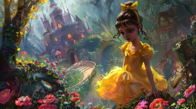 Concept illustration of a Beautiful little princess in a fairy tale AI generated image