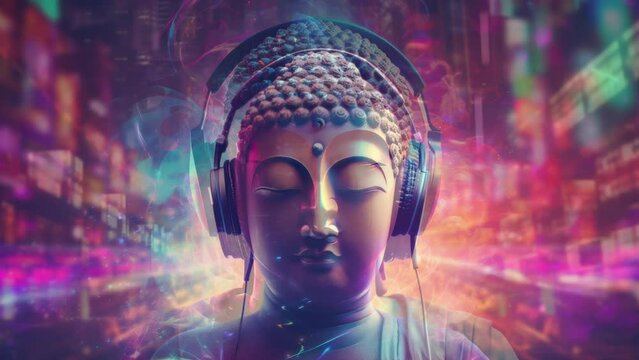 gold buddha statues wearing music headphones generated with AI
