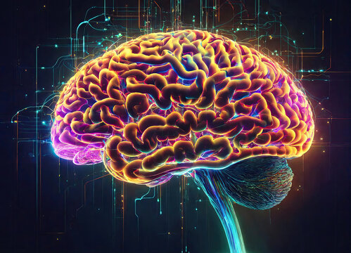 Colored brain and network connection bright lights, HUD elements, human science, presentation, colorful background