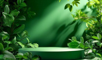 Realistic 3d green podium for product presentation with plants and leaves. An empty showcase is a pedestal for demonstrating a product with rays of light. Green background.