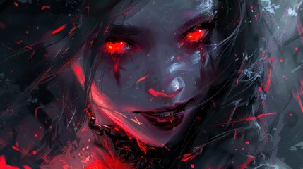 Evil girl face with red eyes and fanged smile AI generated image - obrazy, fototapety, plakaty