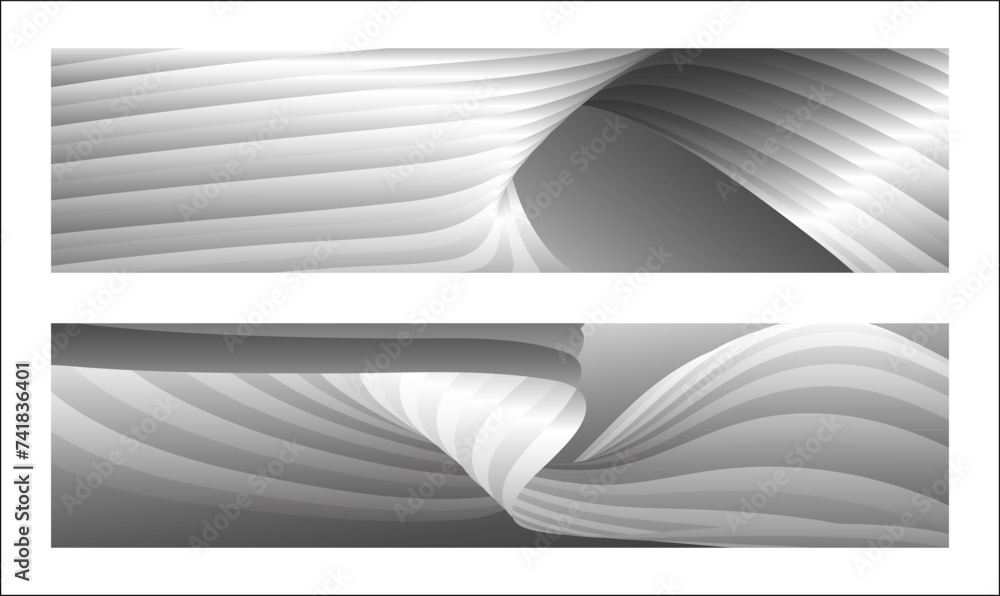 Wall mural Monochrome cover design, abstract background. Wavy silver parallel gradient lines, ribbons, silk. Set of 2 backgrounds. Black and white with shades of gray banner, poster. eps vector