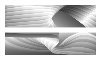 Monochrome cover design, abstract background. Wavy silver parallel gradient lines, ribbons, silk. Set of 2 backgrounds. Black and white with shades of gray banner, poster. eps vector