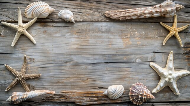 Seashells and Starfish Collection on Antique Rustic Wood Background with Sandy Border. Coastal Decor Setting with Empty Wooden Beach Sign and Copy Space