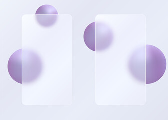Glass morphism effect. Vertical glass shapes with spheres on a light gradient background.