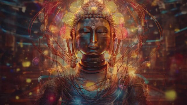 gold buddha statues wearing music headphones generated with AI
