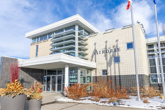 Airdrie, Alberta, Canada. Feb 19, 2024. A close up to the City of Airdrie city hall building during winter.