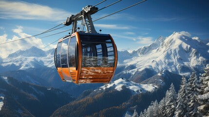 Close up orange big cabin ski lift gondola against snow covered mountain range in blue and orange tones