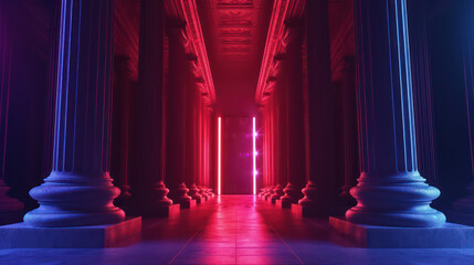 corridor stage with curtains and 2 sides  columns and pink neon spotlights light