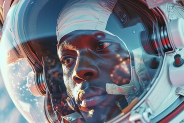 portrait of a young Black male astronaut during a spacewalk, the Earth's curvature visible in his visor's reflection