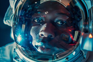 portrait of a young Black male astronaut during a spacewalk, the Earth's curvature visible in his visor's reflection