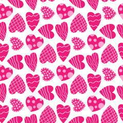Small different decorative pink hearts isolated on a white background. Cute seamless pattern. Vector simple flat graphic hand drawn illustration. Texture.