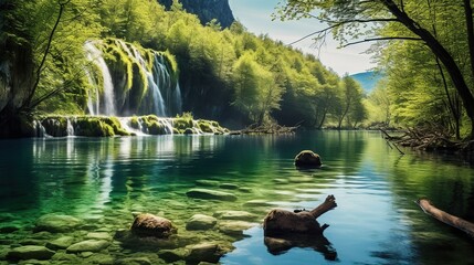 Beautiful morning in Plitvice National Park. Colorful spring landscape of green forest with pure water lake - obrazy, fototapety, plakaty