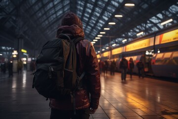 person walks through the night train station in a black backpack