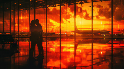 silhouette of couples kissing goodbye at the airport  at the airplane watch area sunset background