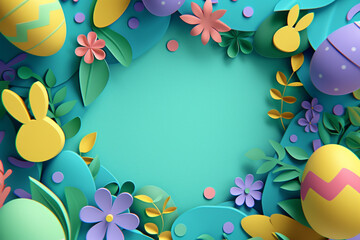 Fototapeta na wymiar Paper cut Easter frame with white bunnies, colorful spring flowers on a blue background. Copy space. Happy Easter greeting card design.
