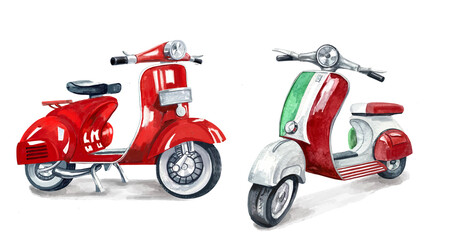Two scooters, red scooter, scooter with Italian flag, watercolor illustration