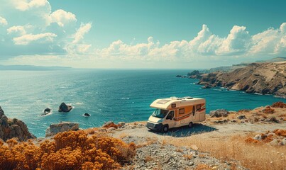 Fototapeta premium A parked motorhome on the background of the vibrant color breathtaking scenery