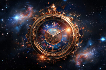 Gigantic Galactic Magical Clock on Abstract Black Background