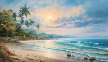 Fototapeta na wymiar beach, ocean, sand, waves, shoreline, tropical, paradise