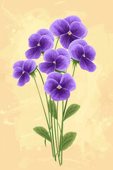 Violet pansy bouquet on a beige background. Vintage floral design for greeting card.