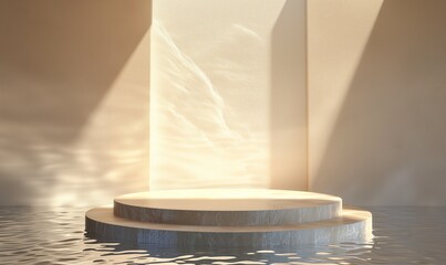 A realistic abstract 3D podium with a stone or gypsum texture for the presentation of a product with water. An empty showcase is a pedestal for demonstrating a product with rays of light.