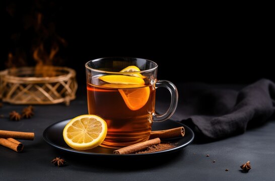 a cup of cinnamon tea on a black background with cinnamon sticks and slices of lemon and orange