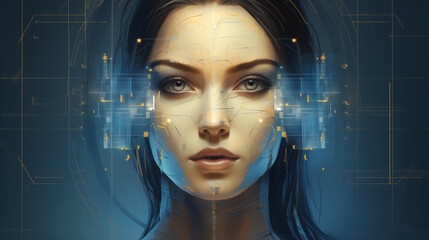 Golden ratio female, blueprint, face and abstract lines