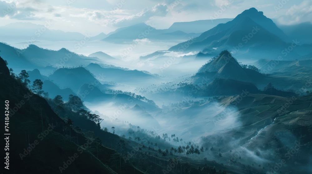 Wall mural mountain views with green nature in indonesia, indonesian nature wallpaper ai generated image - Wall murals