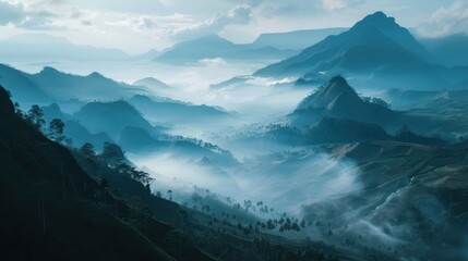 Mountain views with green nature in Indonesia, Indonesian nature wallpaper AI generated image - obrazy, fototapety, plakaty