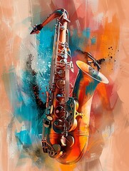 This image presents an artistically rendered saxophone with a glossy finish, featuring intricate details and mechanisms, set against a backdrop of expressive, splashed colors including shades of orang - obrazy, fototapety, plakaty