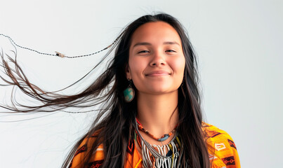 Portrait of Indian woman with flowing hair and turquoise earrings on a light background. Concept of modern beauty, education, promotion, cultural fusion, advocacy campaigns. Copy space