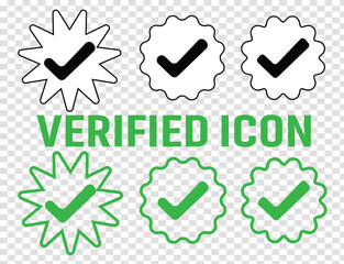 Set of social media verified icons. Tick in circle with zigzag. Instagram check in star. You tube approval sign. Internet top rank stamp. Mark of most popular profile in web. Vector illustration. 19 - obrazy, fototapety, plakaty