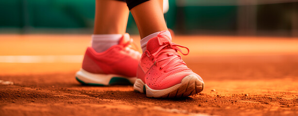 Close-up of a female tennis player's pink shoes on clay court - obrazy, fototapety, plakaty