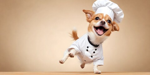 Cute dog jumping with happiness wearing a chef's hat on a light plain background. Creative concept of animal cooks. Food promotion banner with copy space.