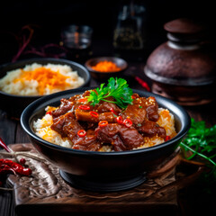 Spicy Mao pork stewed in rice wine and rice sauce with ginger, chili, star anise