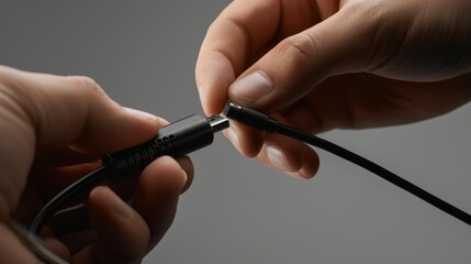 Close-up of a hands holding a USB cable. Instructional photograph demonstrating the process of connecting an adapter to an opening. 