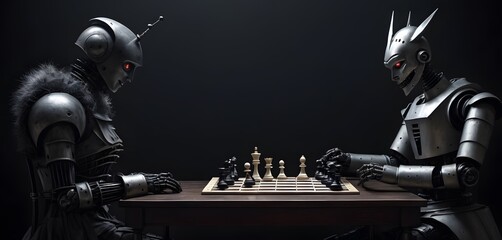 two robots are playing chess on a wooden table . High quality
