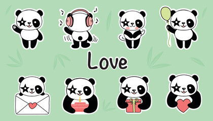Cute panda stickers for Valentine s Day. The concept of love. Illustration on a green background