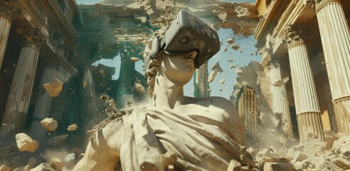A classical sculpture of Atlas crashes to the ground, shattering into pixelated fragments. Emerging from the debris, a virtual reality headset floats above, portraying a futuristic cityscape.  - obrazy, fototapety, plakaty