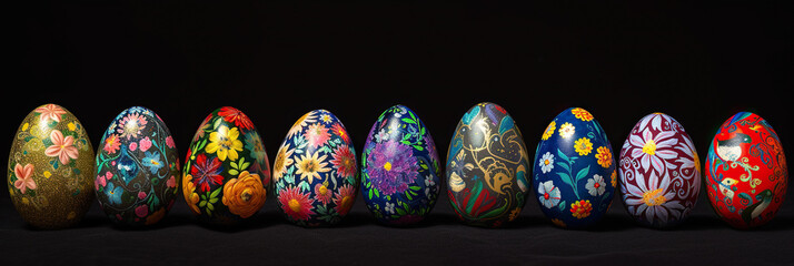 Colorful painted Easter eggs arranged in a row against a black background, showcasing diverse floral and animal patterns with a festive vibe.