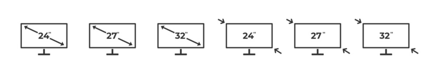 Computer diagonal screen size. 24 27 32 inches screen size. Vector illustration.