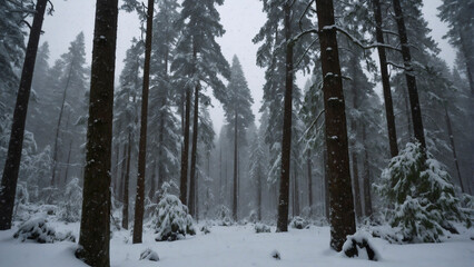 Fototapeta premium A snow-covered forest with tall trees and rocks visible through the snow